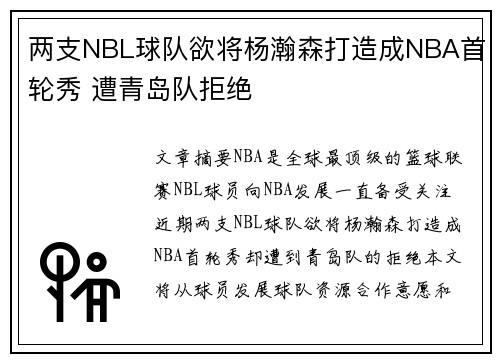 两支NBL球队欲将杨瀚森打造成NBA首轮秀 遭青岛队拒绝